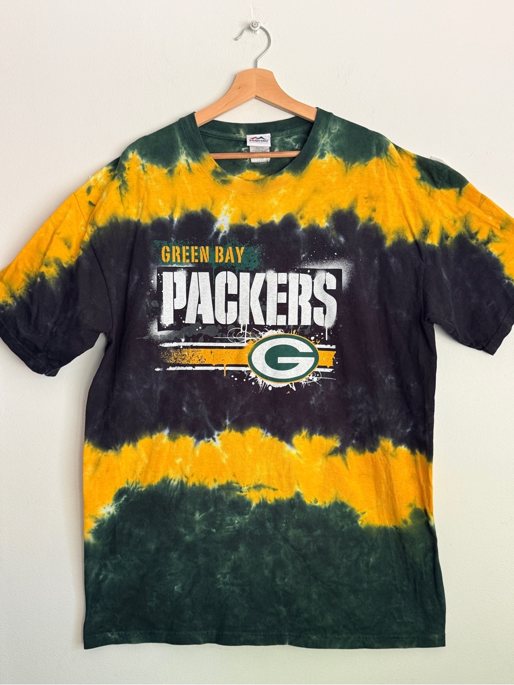 Vintage Majestic Green Bay Packers Tie Dye T Shirt Y2K 2000s Spellout Size XL